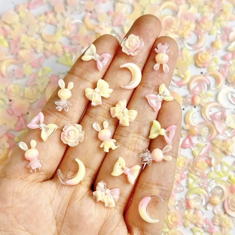 Random Mixed Cream Crescent Nail Charms Cute Glow In The Night Bow Flower Rabbit Nail Art Decorations Manicure DIY Accessories