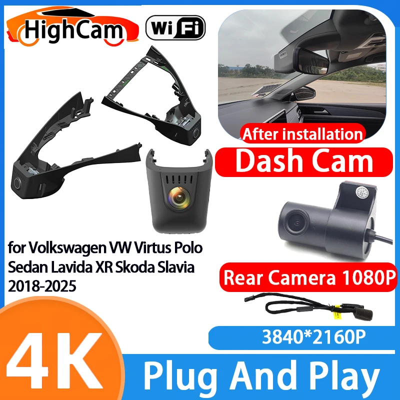 Cámara para Auto HighCam 4K Wifi, Grabador de Video DVR, Cámara Delantera y Trasera para Volkswagen VW Virtus Polo Sedan Lavida XR Skoda Slavia 2018-2025