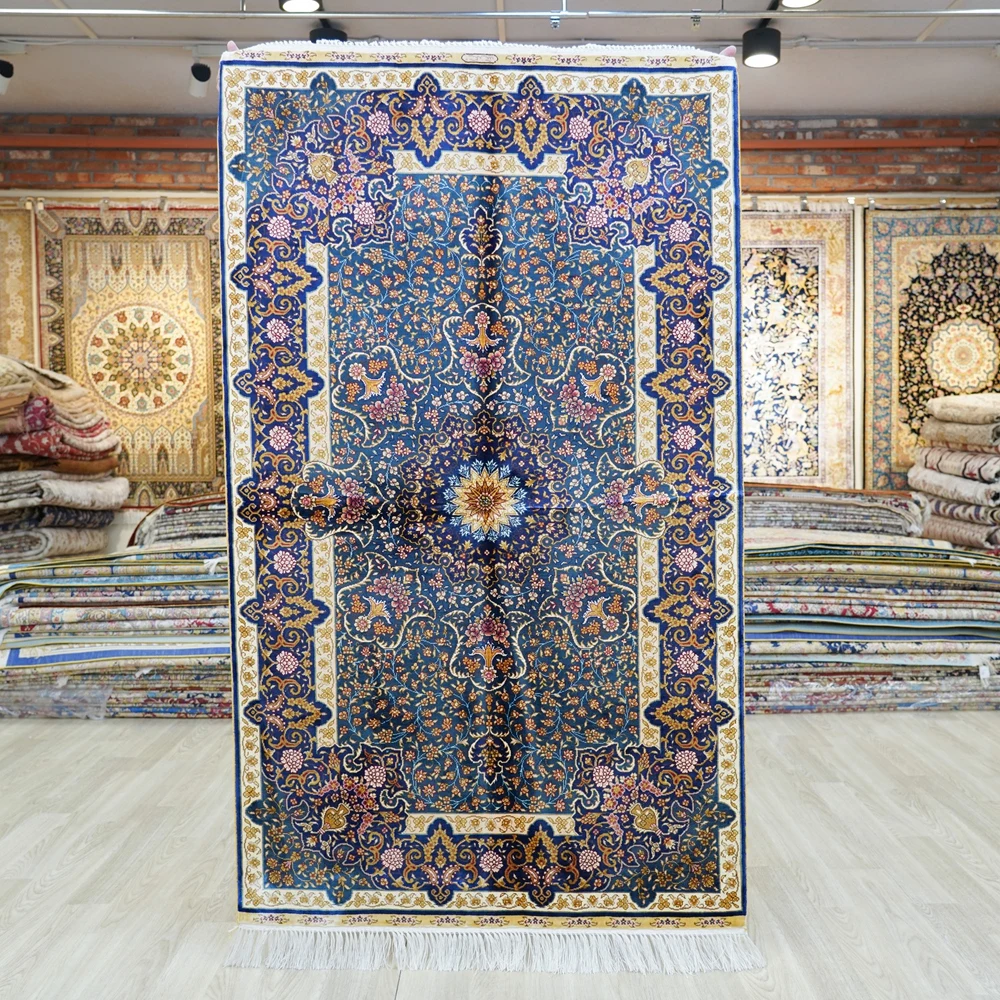 91x152cm Traditional Blue Qum Handmade Silk Carpets Oriental Turkish Rugs