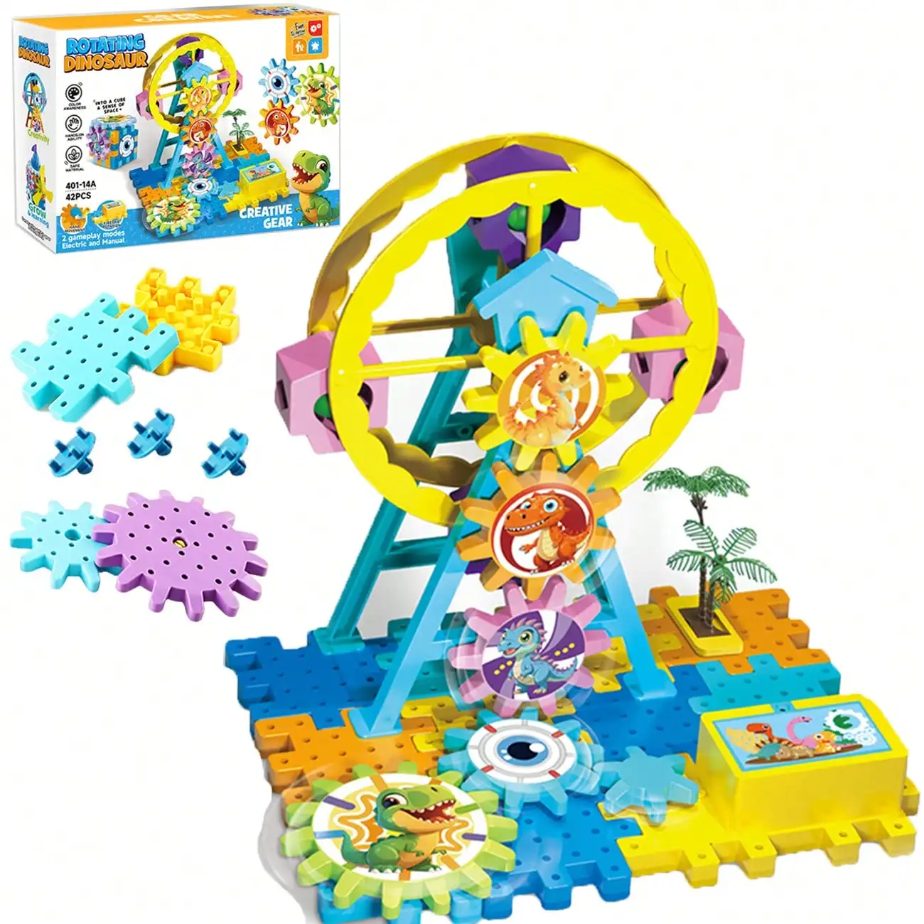 

3-in-1 Electric Gear Building Blocks, Windmill Castle Ferris Wheel STEM Toys with Dinosaur Stickers for Kids 3+
