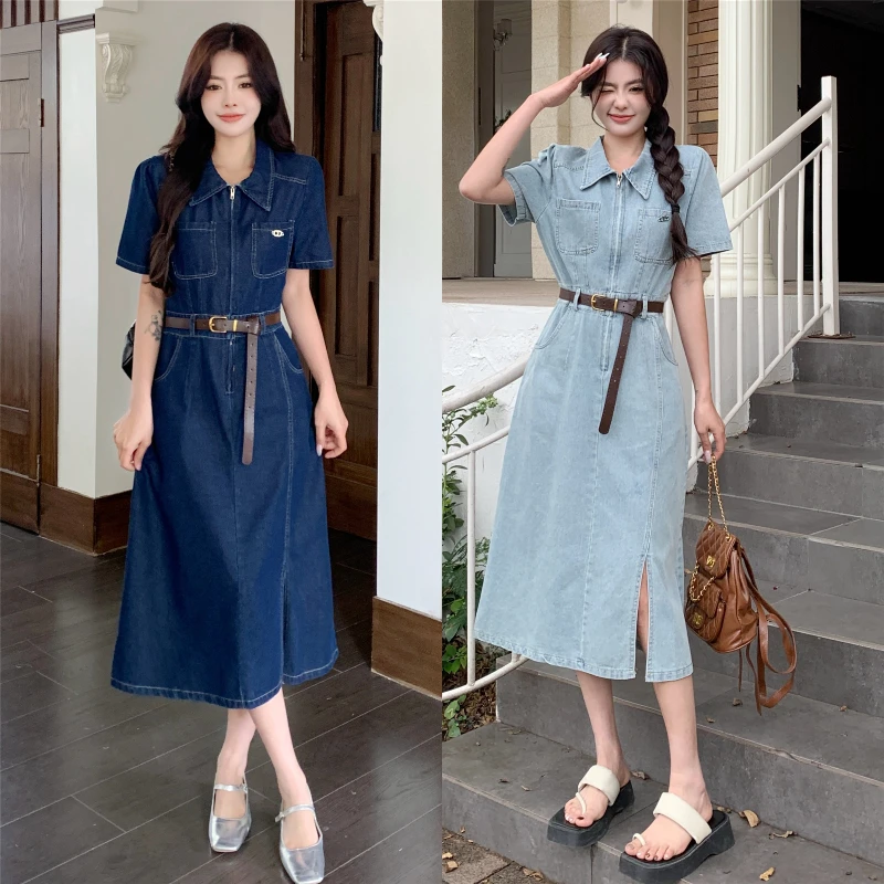 

Plus Size Women's Clothing for 2025 Summer Denim Dresses Loose Short Sleeve Female Robe Casual Lady Vestidos with Belt KE9202