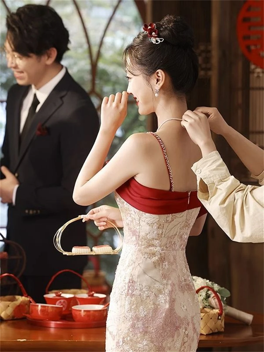 Vestido de casamento estilo chinês com cinta de espaguete, roupa elegante vintage brinde, vestido moderno de festa Qipao