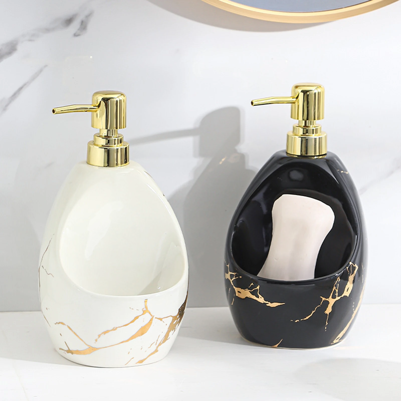 Ceramic Soap Dispenser with Sponge Holder Pump Bottle Refillable Shampoo Essential Oil Dispenser for Bathroom Hotel