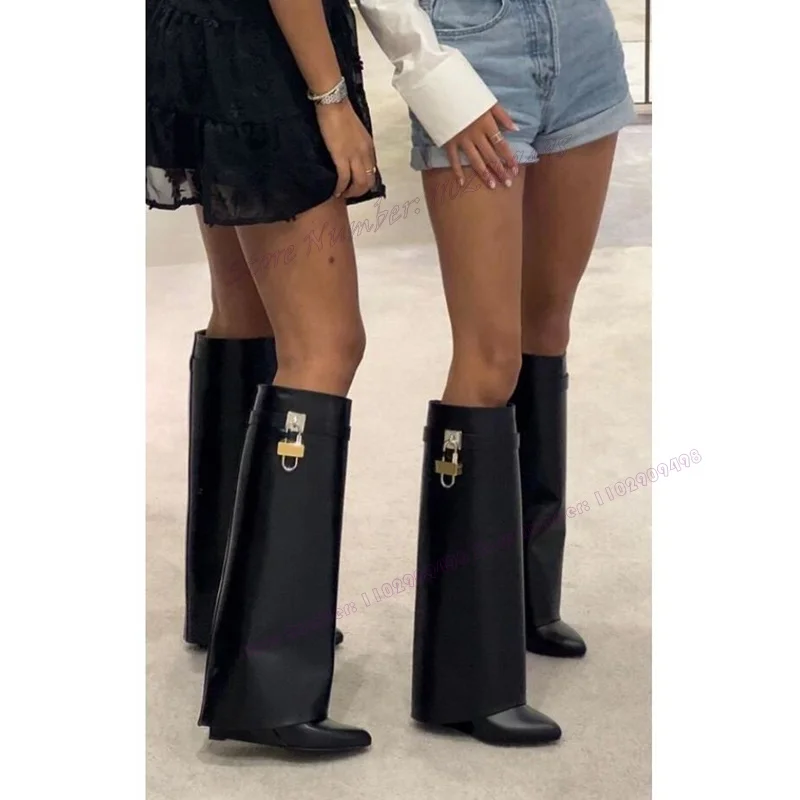 Black Lock Decor Wedges Heels Shark Boots Knee High Pointy Toe Shoes for Women Matte Leather Sexy Shoes 2023 Zapatos Para Mujere