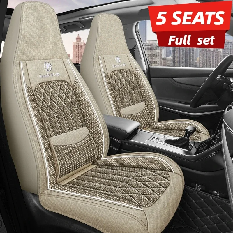 Universal 5-Seat Full Set Breathable Linen Seat Covers for Integrated & One-Piece Seats All-Season Easy-Care Car Seat Covers