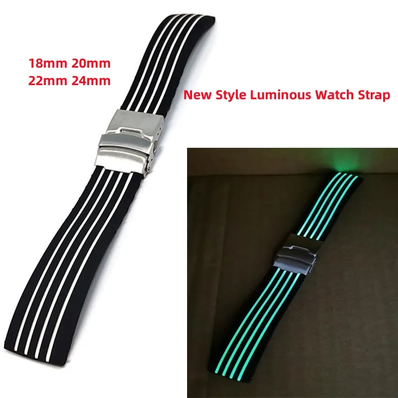 Silicone 18mm 20mm 22mm 24mm Black White Line Green Luminous Rubber Universal Straight End Watch Strap Band Bracelet