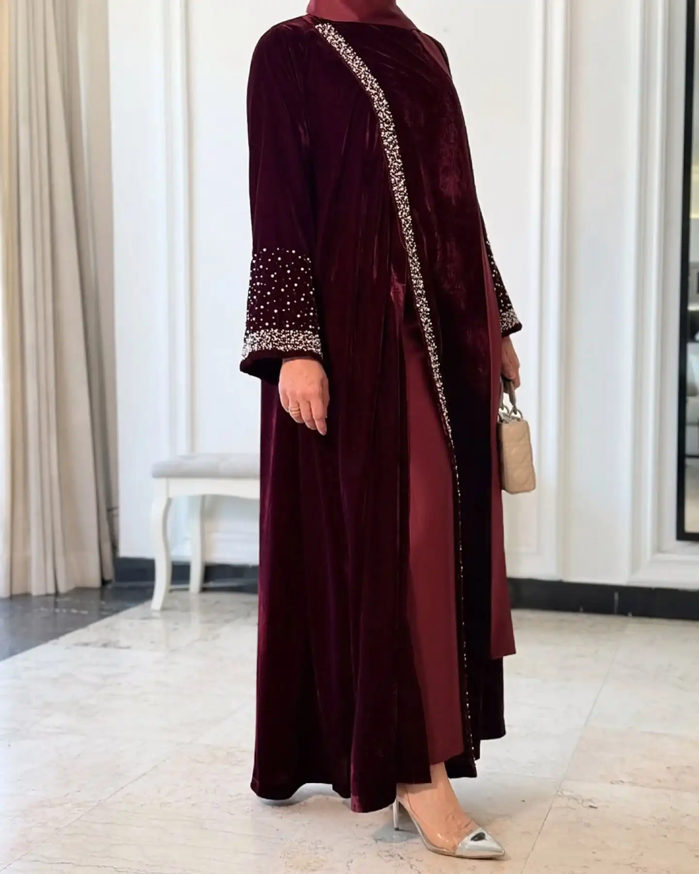 Customized Modern Velvet Straight Beading Pearls Sequined Evening Dress High Quality Long Sleeves فستان سهرة نسائي