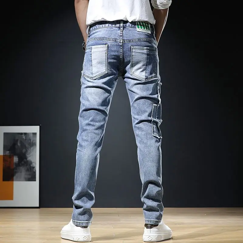 Autumn New Arrival Men\'s Jeans: Elastic Embroidered Patchwork Hip Hop Denim Pants Korean Style Slim Fit Cotton Trousers for Men