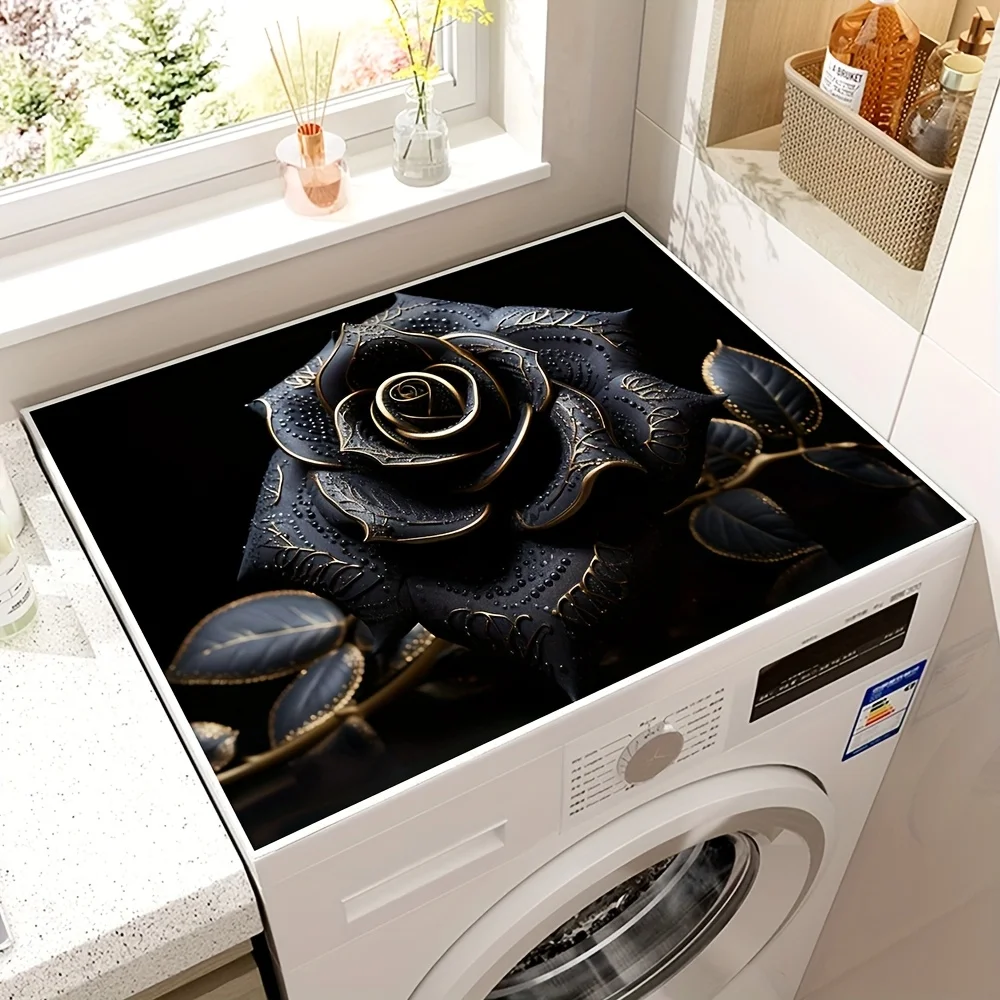 

A Black Rose Print Washing Machine Cover Mat, Valentine's Day Decoration, Microwave Cover Mat, Suitable for Laundry Room