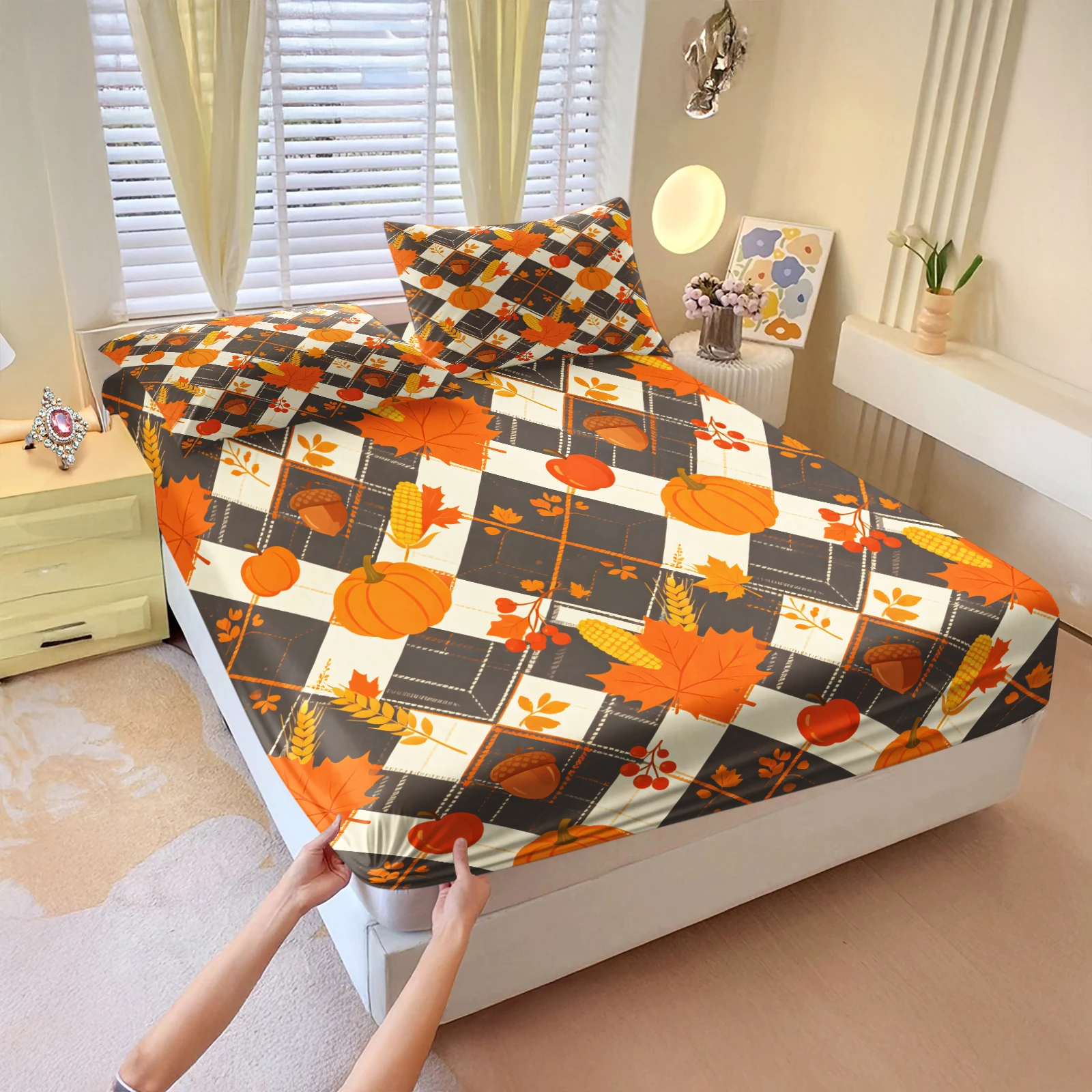 Black White Buffalo Plaid Autumn Pumpkin Fitted Sheet Set Fall Harvest Maple Leaf Corn Apple Print Deep Pocket Mattress Cover