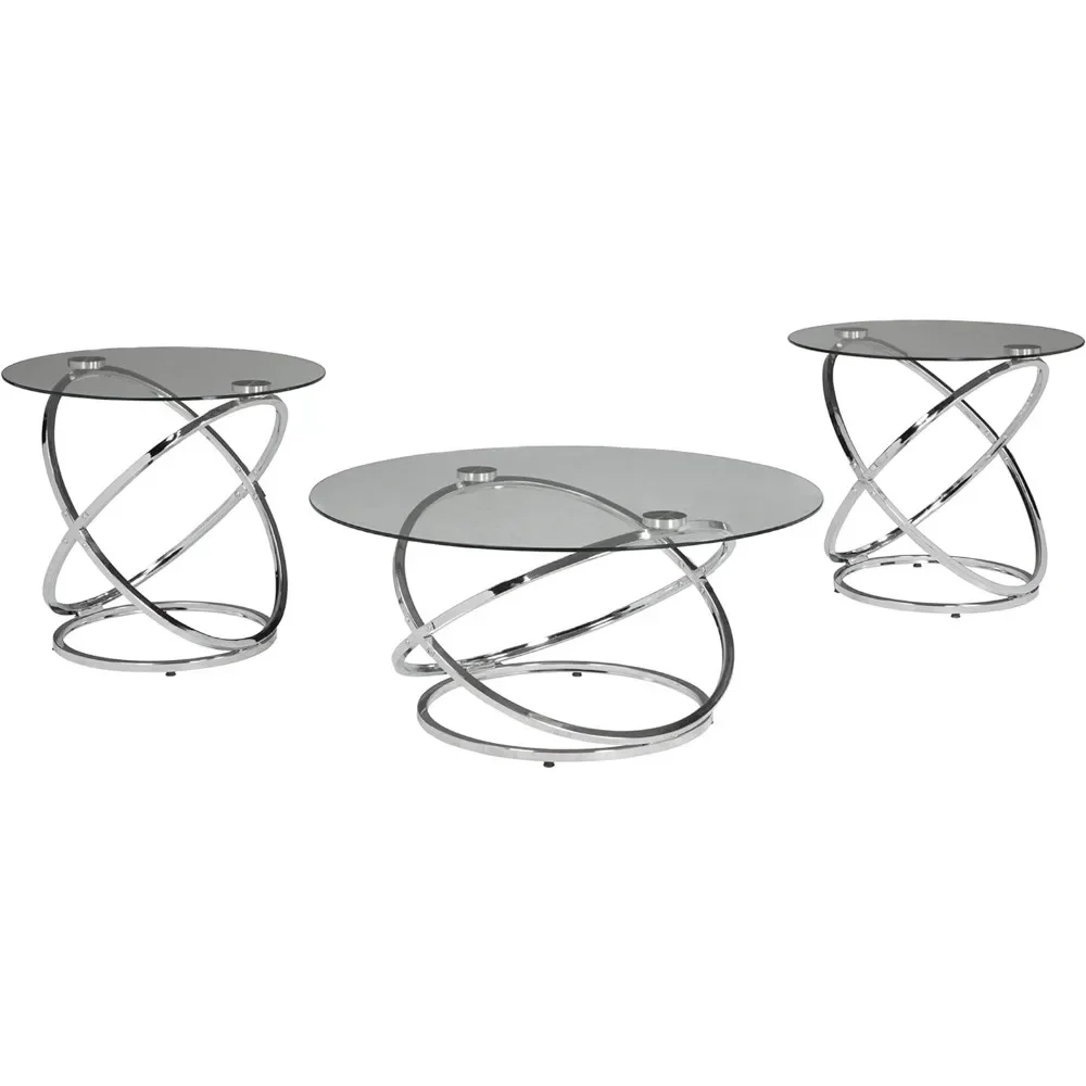 

Hollynyx Contemporary Round 3-Piece Occasional Table Set, Includes Coffee Table and 2 End Tables, Chrome