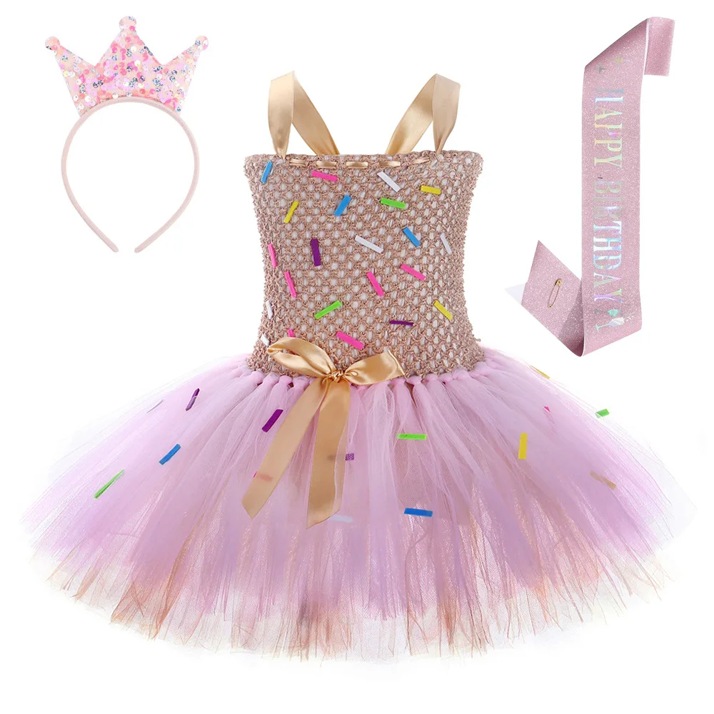 Girls Pink Sprinkle Tutu Dress with Crown Headband & Happy Birthday Sash Kids Birthday Party Princess Tulle Costume Outfit