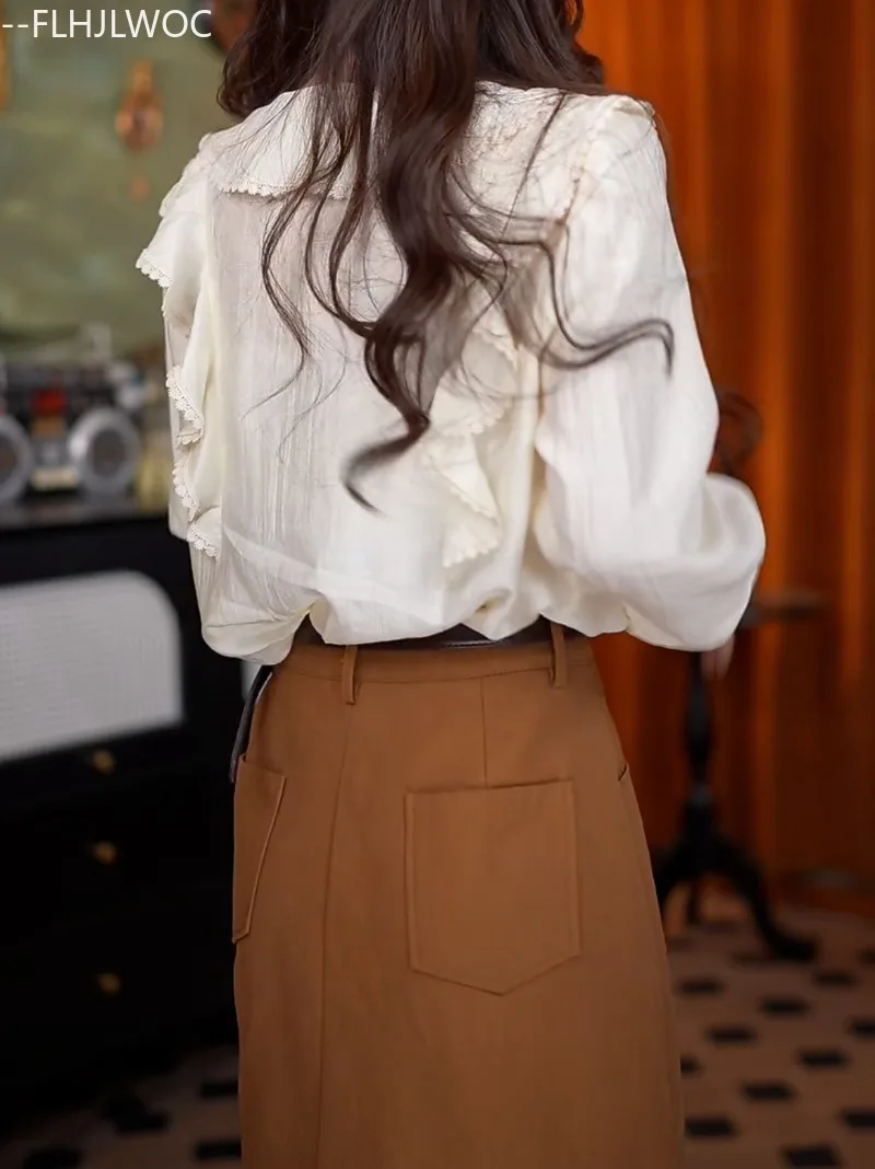 Diskon Besar Blus Atasan Ruffle Dasi Kupu-kupu 2025 Pakaian Fashion Korea Chic Anak Perempuan Manis Lucu Blus Kemeja Wanita Campuran Katun Solid