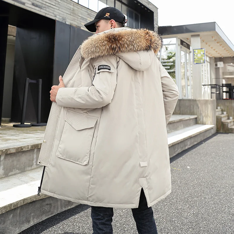 Korean Style Winter Long Parka Coat Men Woman Down Jacket Clothing Hooded Fur Collar Thicken Warm Leisure Lovers Overcoat Unisex