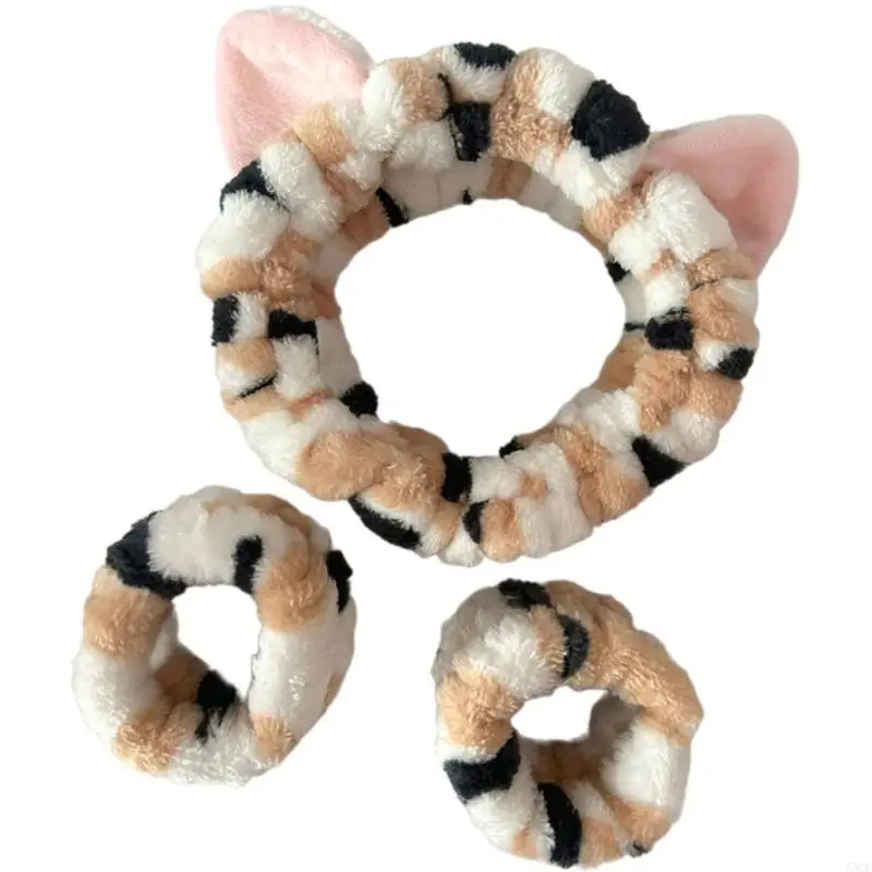 

1set Elastic Women Shower Hairband & Wristband Kitten Plush Face Wash Hairband Home Makeup Headband Wristband
