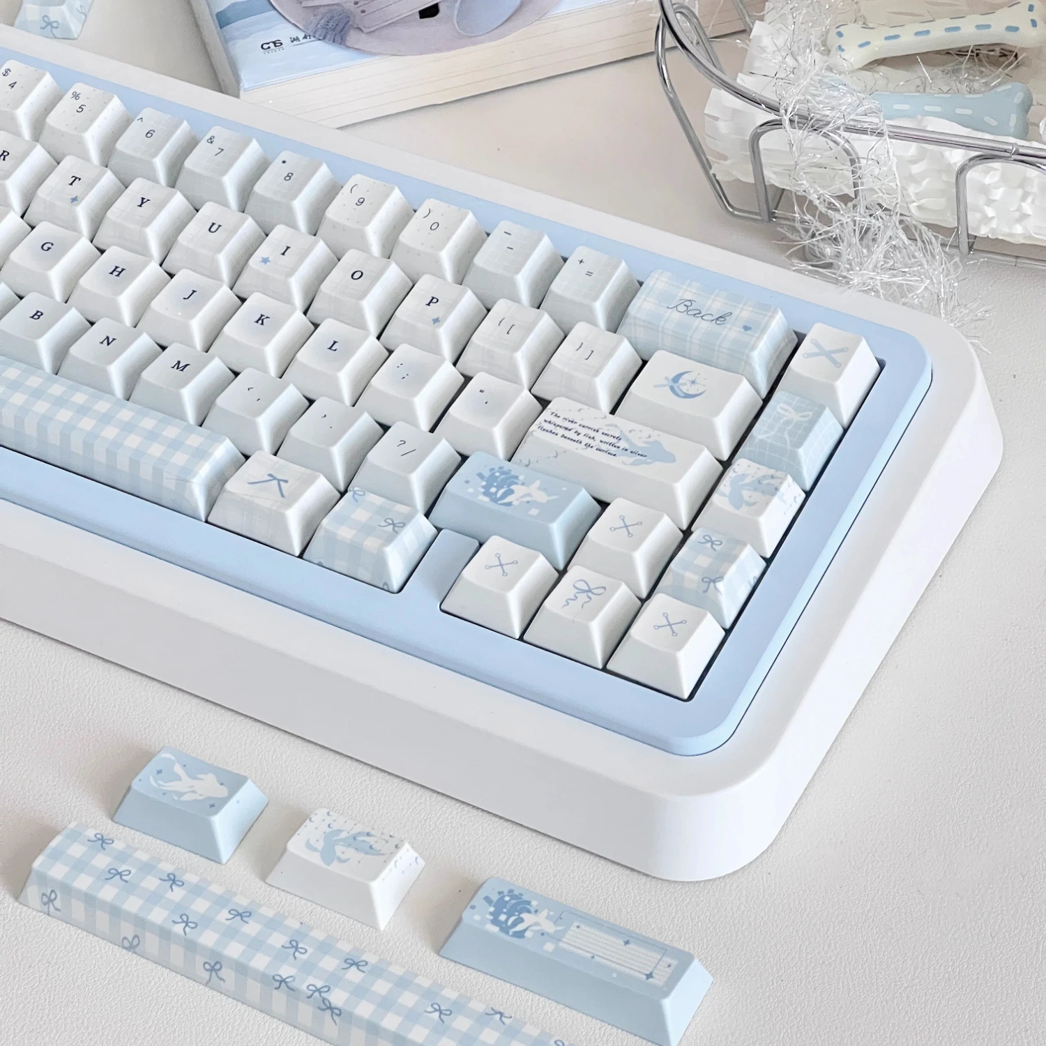 MAIMOOO Light Blue Fish Keycap Cherry Profile PBT Thermal Sublimation Custom Simple Gentle Keycaps for Mechanical Keyboard Gifts