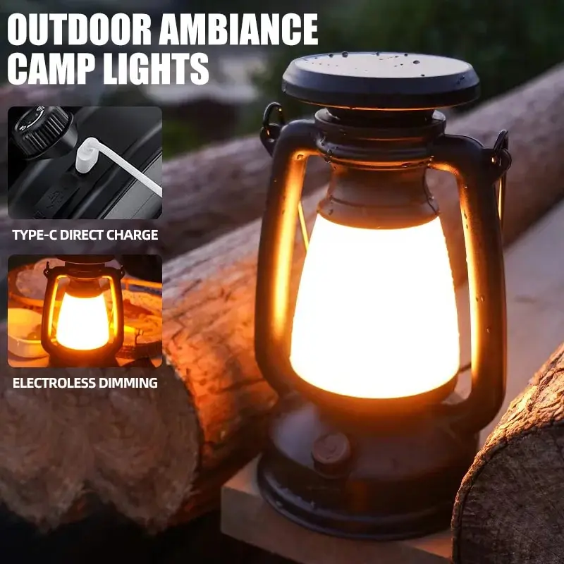 

Vintage Camping Lantern 3 Modes Solar Charging Tent Ambient Lamp Dimmable Outdoor Waterproof Emergency Night Light For Fishing
