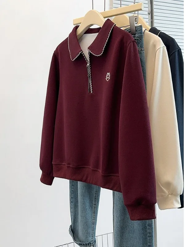 

Red Long Sve Ne Sweatirt Women's Sle Zipper Design Embroidery Large Size Fat MM Base irt Spring Season Top