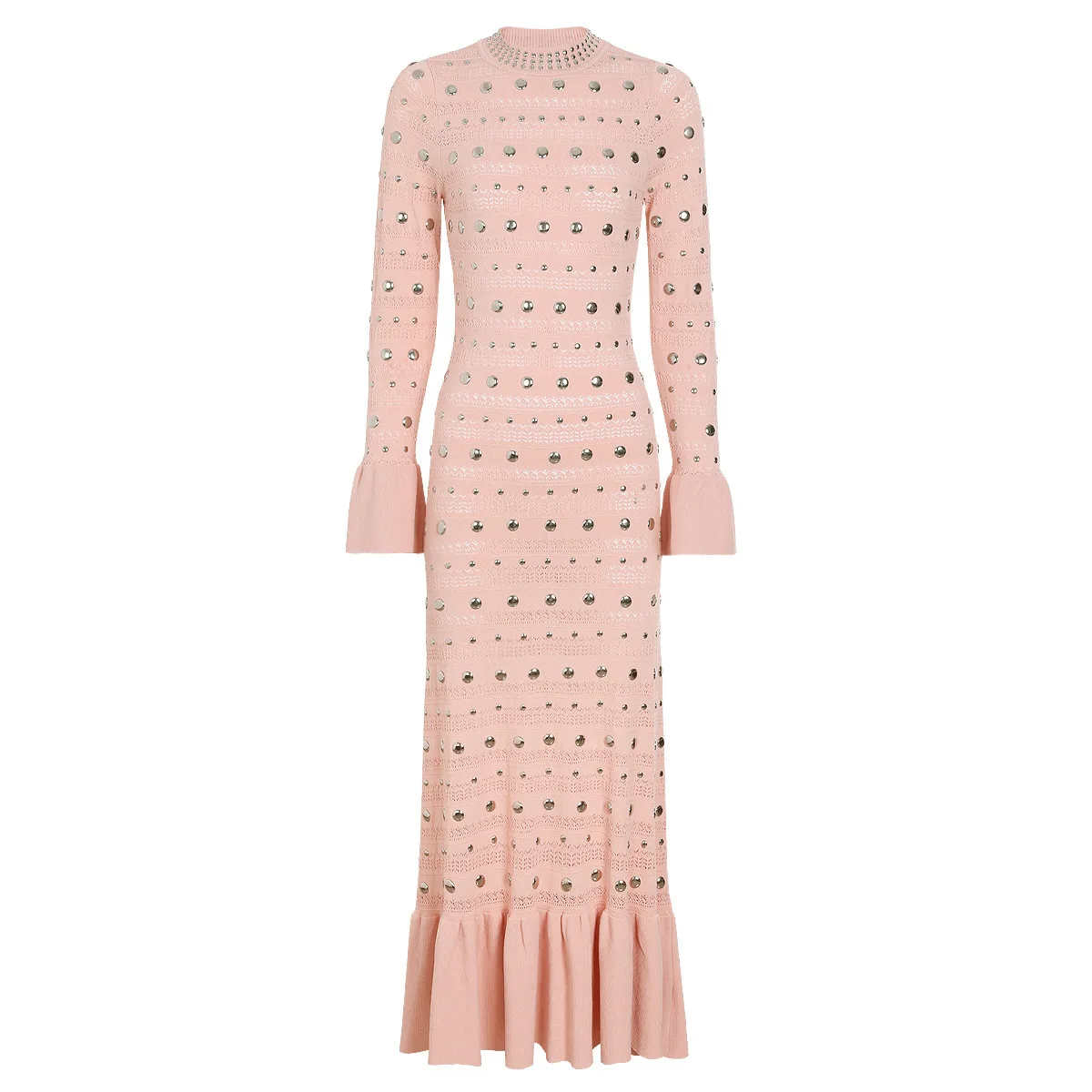 LEOSOXS Vestido maxi feminino luxuoso cravejado, punhos queimados e silhueta com babados para elegante tapete vermelho, estilo de gala, look 2025