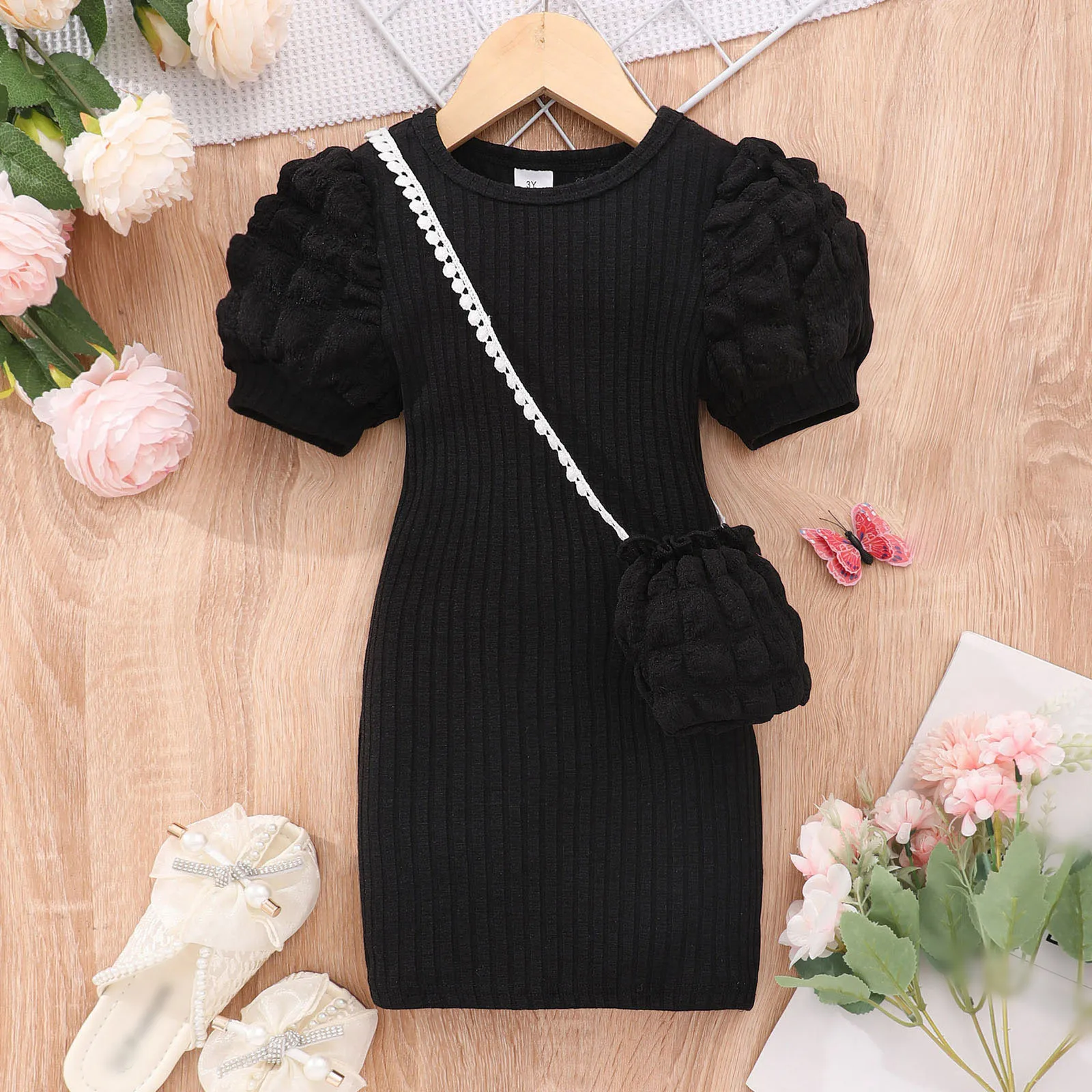 2024 Midi Dress Kids Girl Clothes Summer Short Sleeve Baby Girl Bodycon Dress Party Children Wrap Tight Dress 3 4 5 6 7 8 Years