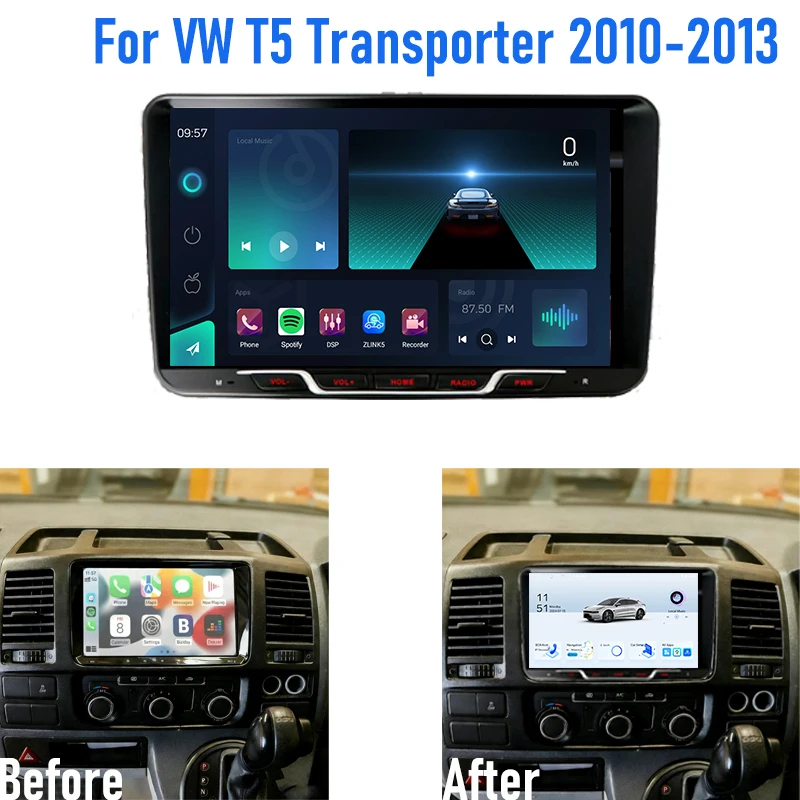 9'' For VW T5 Transporter 2010-2013 Car Radio 4G SIM Android 15 Auto GPS Steering Wifi Wheel Control Head Unit 2DIN Google Map
