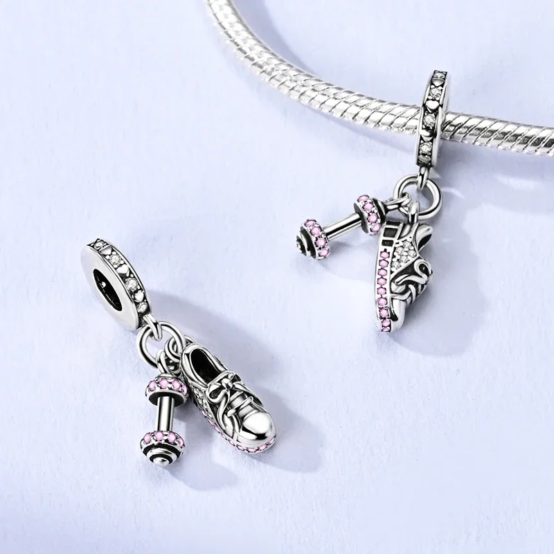 Charms Plata 925 Pink Zircon Dumbbell Sports Shoe Beads Fit Original 925 Bracelets Charms For Women Jewelry DIY Making Gifts