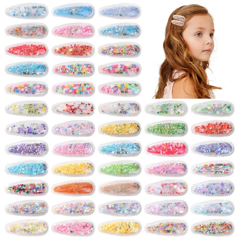 10pcs Kawaii Transparent Quicksand Hairpin Cartoon Children Princess Party PVC Star Love Sequin Hair BB Clip Accessories Gifts