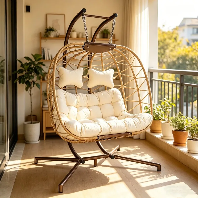 Outdoor Foldable Double Hanging Swing Basket Chair Cross Border Woven Rattan In Stock Balcony Garden Swing Chair Popular