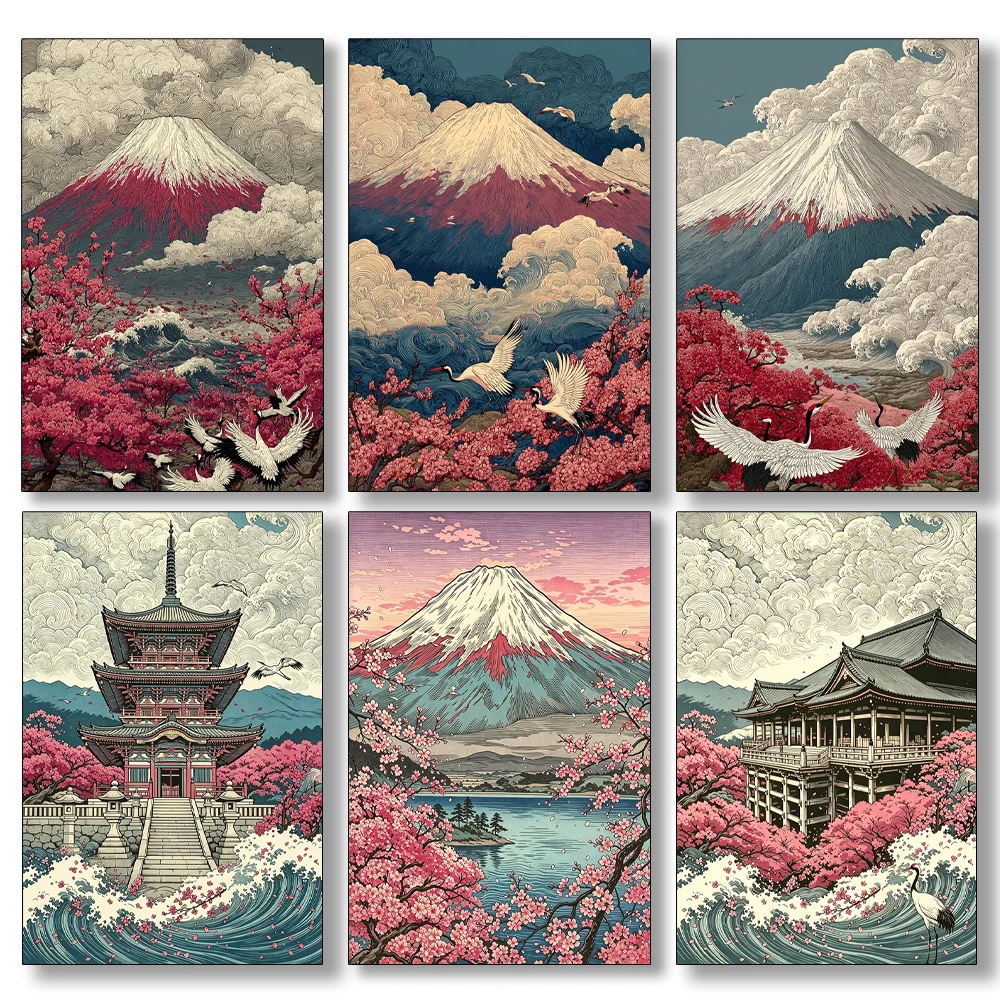 5D Ukiyo‑e Mount Fuji Sakura Crane Diamond Painting Kit DIY Mosaic Cross Stitch Japanese Scenery Home Wall Art Decor Gift Choice