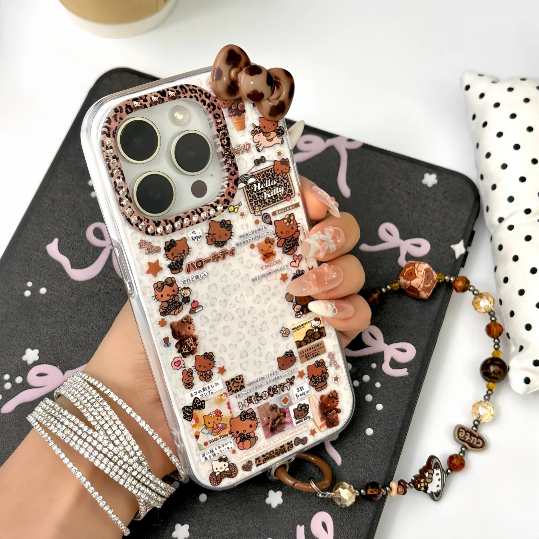 

Amber leopard Hello Kitty Cute Cartoon Wrist Strap Phone Case For iPhone 16 15 14 13 Pro Max Lens Protective Soft Cover