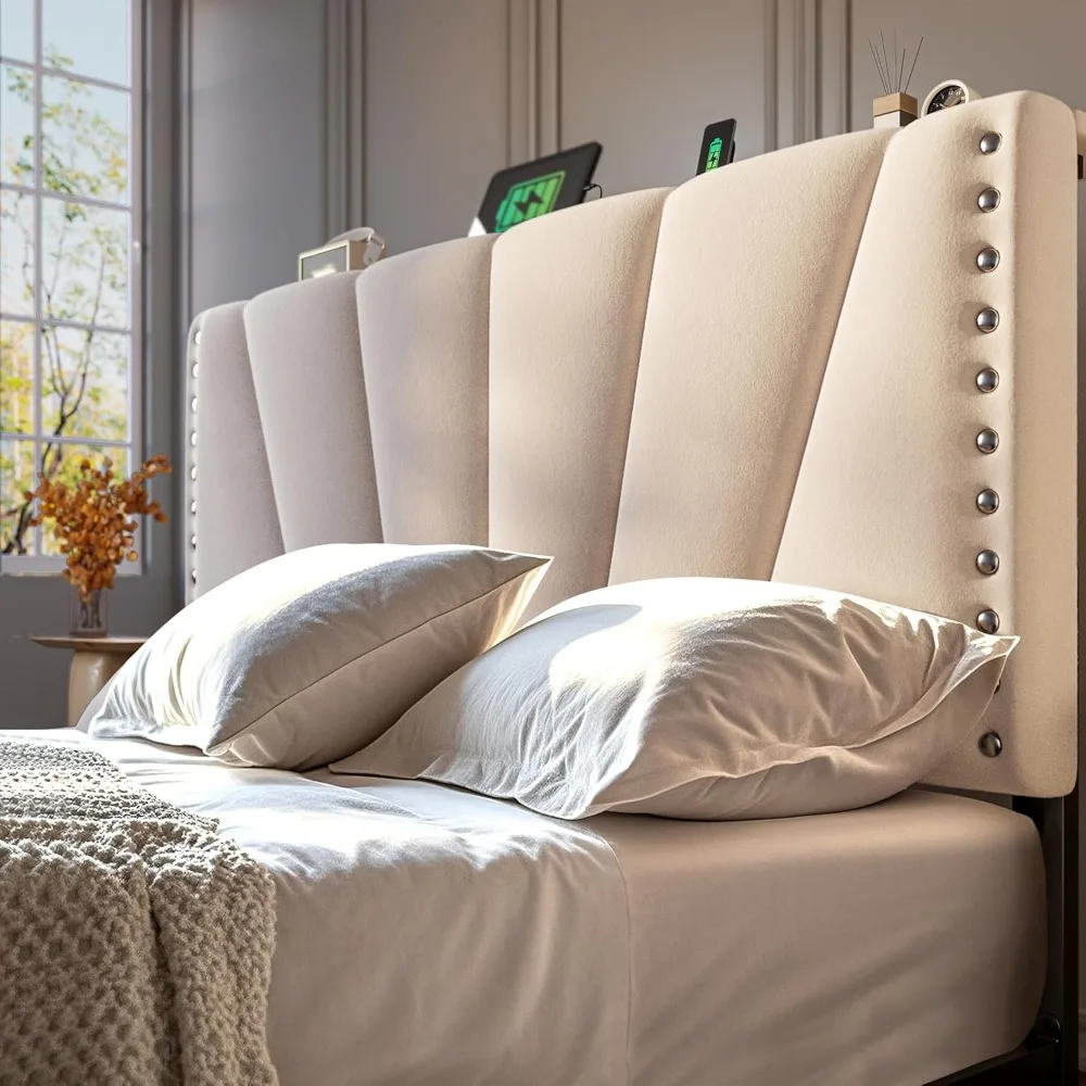 إطار سرير EnHomee Queen مع لوح رأسي مخملي وأضواء LED، لوح رأسي للتخزين مع محطة شحن، إطار سرير بحجم كوين مع #5