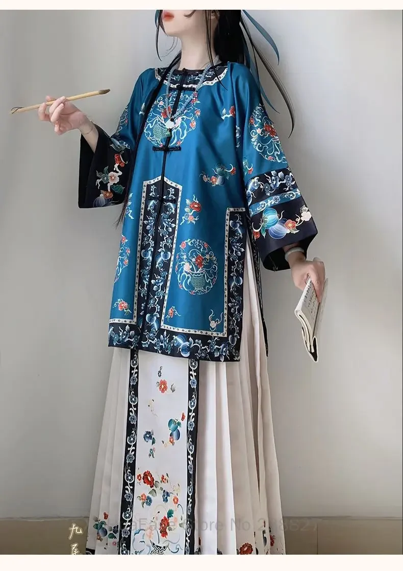 Hanfu de la dinastía Qing para mujer, ropa Antigua China de cuello redondo, falda estampada con cara de caballo, color azul oscuro, estilo de otoño,