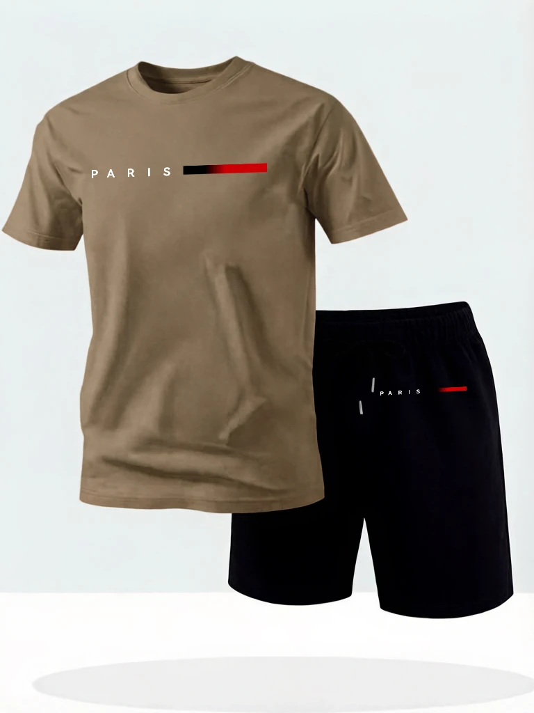 Paris Creative Letter Design Men Cotton Daily Basics Tee Shirts Soft 16 Color Short Sleeve Set Sport Summer Running Shorts