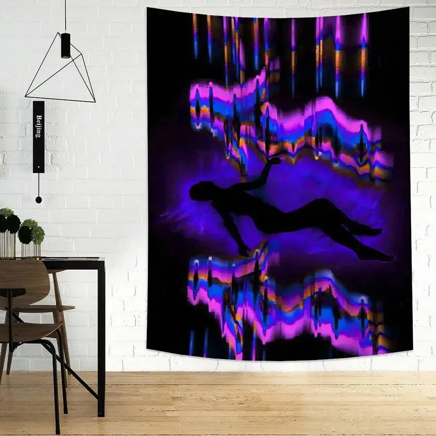 Lila Glitch-Tapisserie mit menschlicher Silhouette, psychedelischer, trippy Wandbehang, Kunst aus Polyestergewebe für die Dekoration von Schlafzimmer und Wohnzimmer