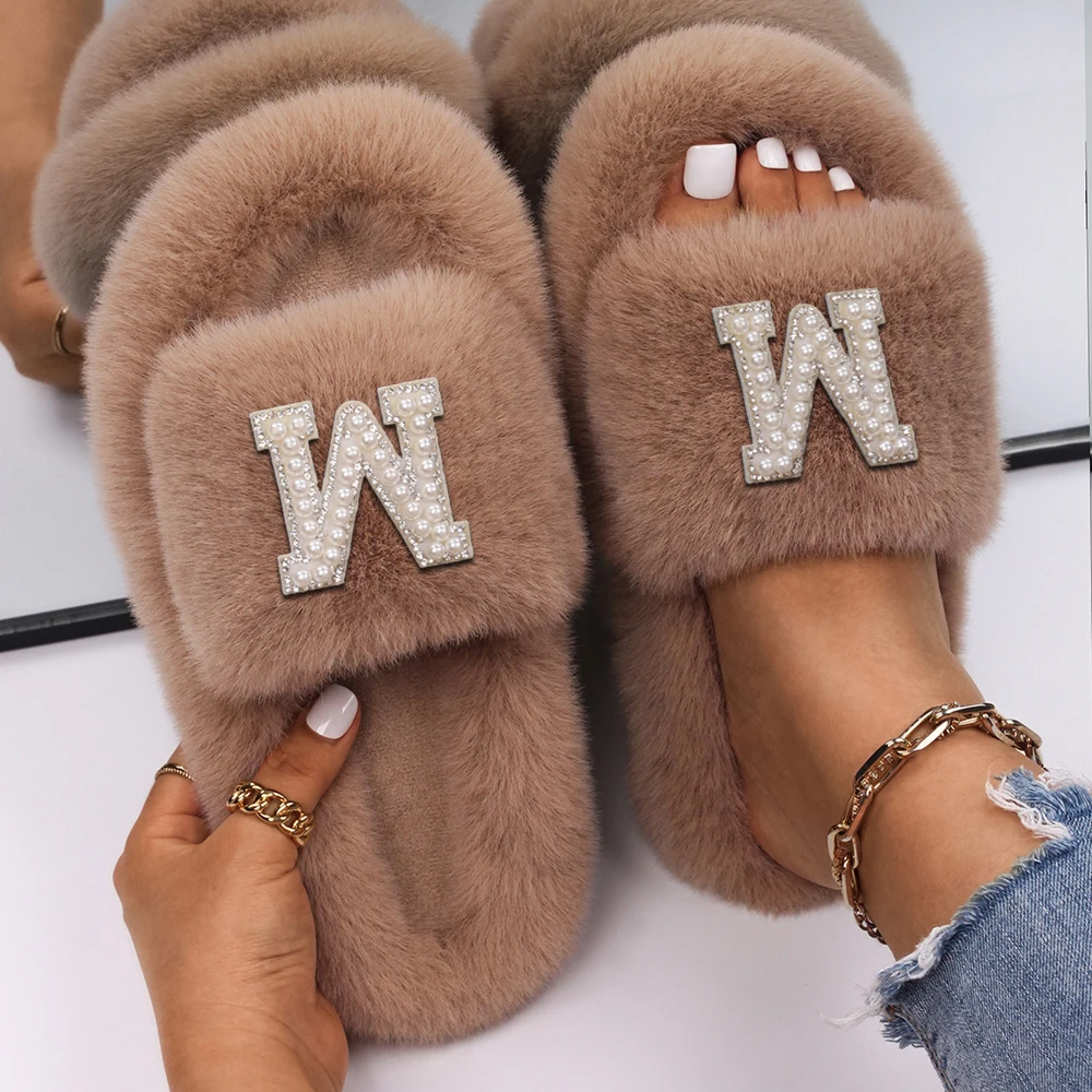 Slippers Female Pearl Letter Furry Slides Ladies Fluffy Flip Flop Platform Fur Sandals Customized Personalized Gift Custom Name