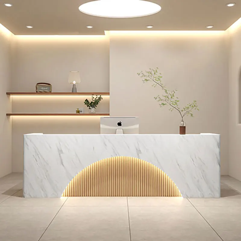 B073 Modern Light Luxury LED Illuminated Reception Counter Custom Commercial Bar Table with Wood Top for Cafe Milk Tea Shop