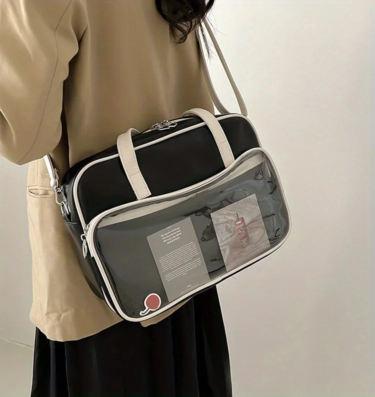 Bolso de hombro frontal con bolsillo transparente, bolso de mano de estilo Preppy de moda, bolso cruzado de gran capacidad