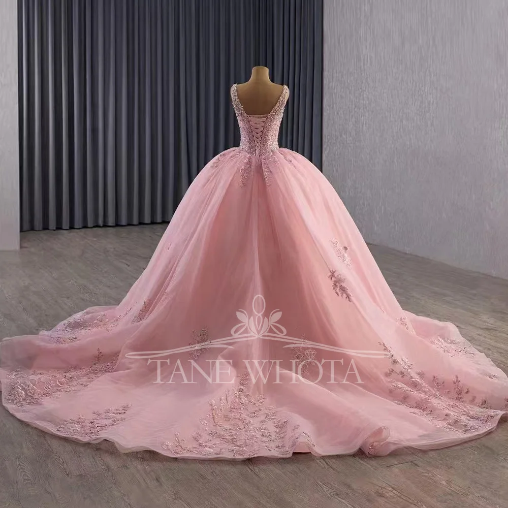 Abito da ballo rosa personalizzabile Giacca staccabile Spalline con lacci sul retro Perline Abito da donna per occasioni speciali Quinceanera
