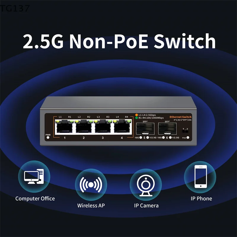 

2.5Gbps Ethernet Switch 4 Port 2500Mbps Network Switcher 2 Port 10G SFP+ Slot Home Lab Hub Internet Splitter Plug And Play