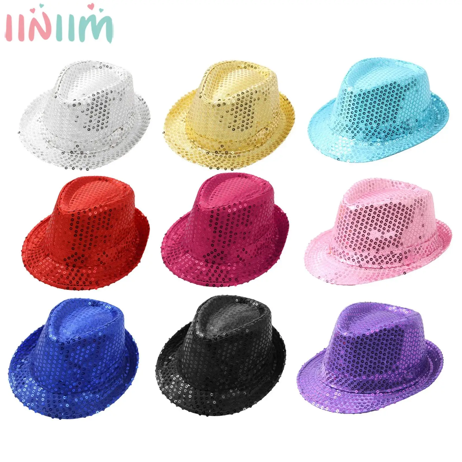 Kids Shiny Sequins Fedora Hat Hip Hop Jazz Street Dance Performance Cap Cosplay Costume for School Party Halloween Carnival