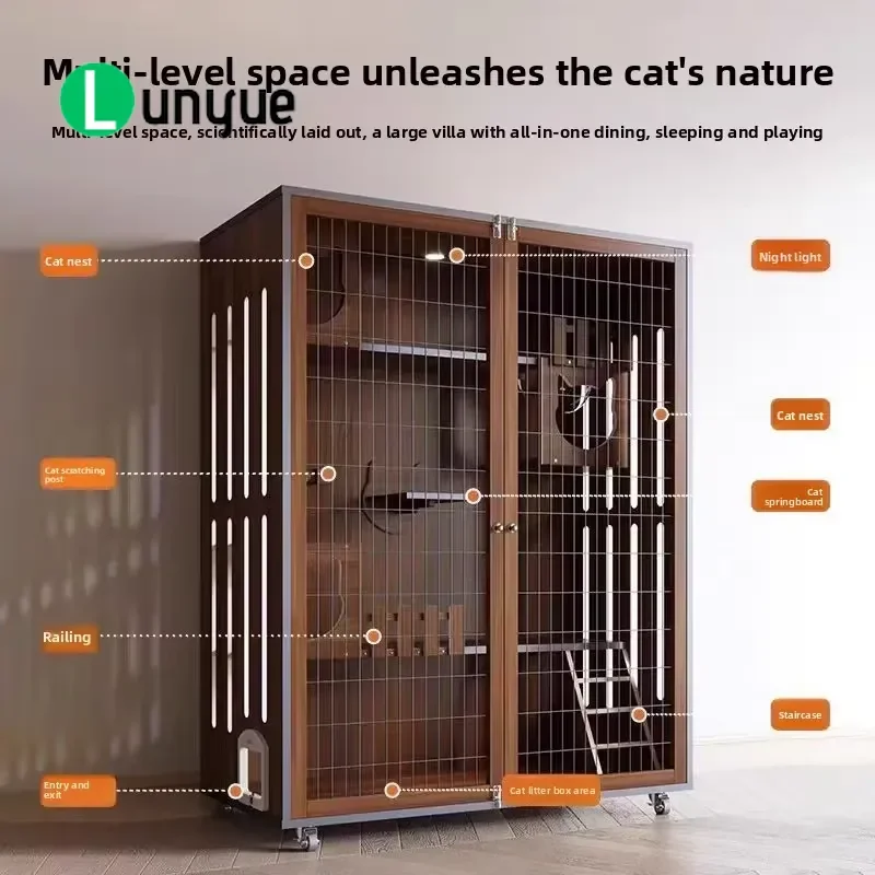 Luxury Solid Wood Cat Villa Indoor Wooden Cage with Oversized Iron Mesh Door for Multiple Cats Durable Spacious Pet House