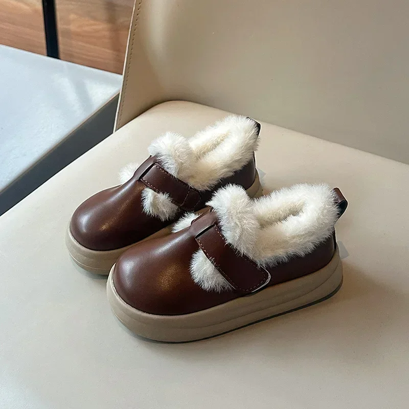 New Kids' Winter Shoes Thick Bottom Versatile Girls Princess Cotton Shoes Outdoor Fashion Fluffy Warm Children's Shoes Matte PU