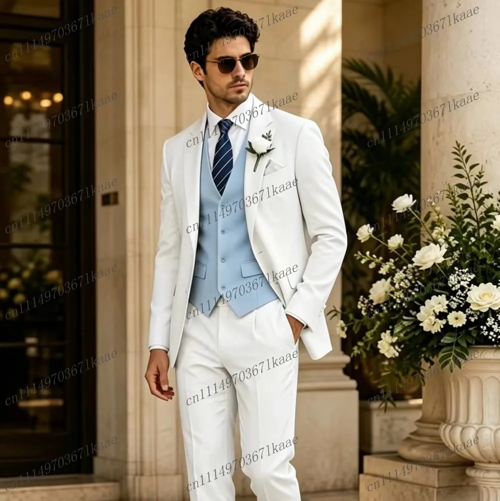Fashion White And Sky Blue Formal Men Suit Wedding Party Groom Groomsman Male Tuxedos Costume 3 Piece Set Jacket Vest Pants B6