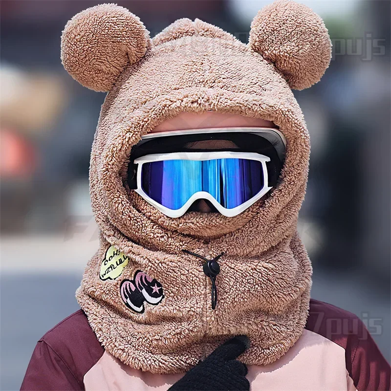 Capacete de pelúcia de esqui Capacete Panda Lã macia confortável, Orelha de urso 3D, Máscara de equitação bonito, Mantenha bonés quentes, Inverno