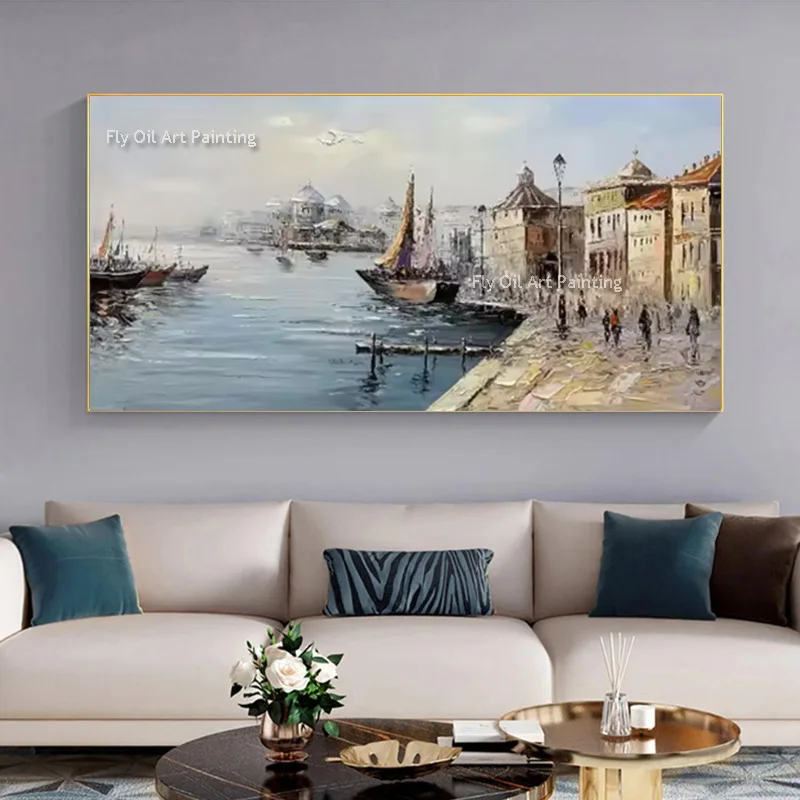 Modern Seasiden View Beautiful Venice Cityscape Canvas Oil Painting Handpainted Boats On The Sea Yellow Sunset Wall Art Decor