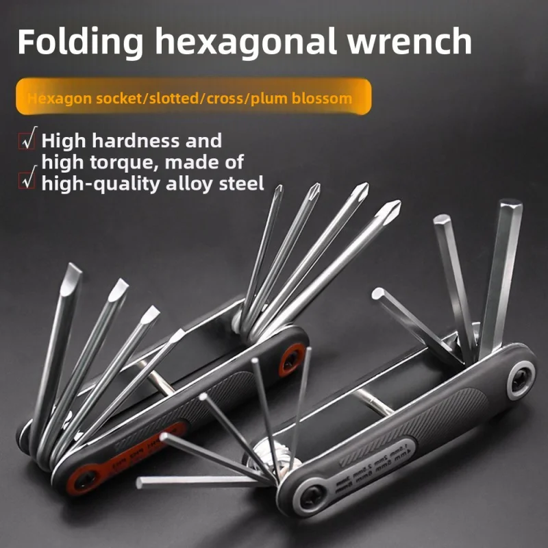 

Multifunctional folding hexagonal combination wrench, household repair tool set, electric motorcycle star-shaped screwdriver.