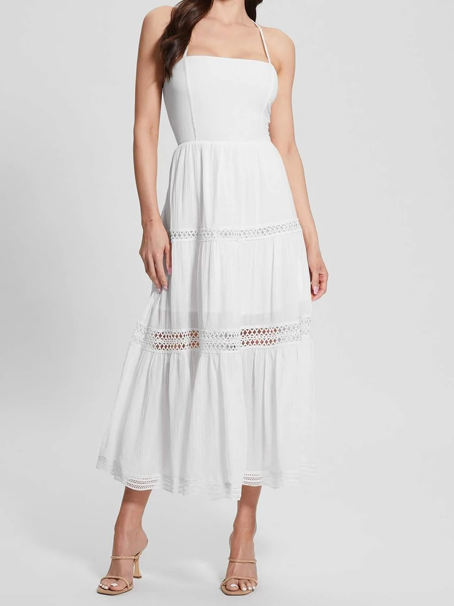 

White Hollow Out Midi Dresses Women Summer Sleeveless Cross Bandage Backless A-line Vestidos Casual Fashion Elegant Long Dress