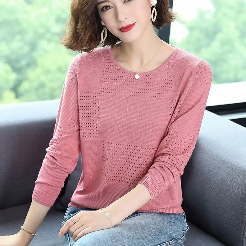 Autumn Winter Round Neck Elegant Vintage Knitted Sweater for Women 2023 New Solid Color All-match Long Sleeve Hollow Out Blouse