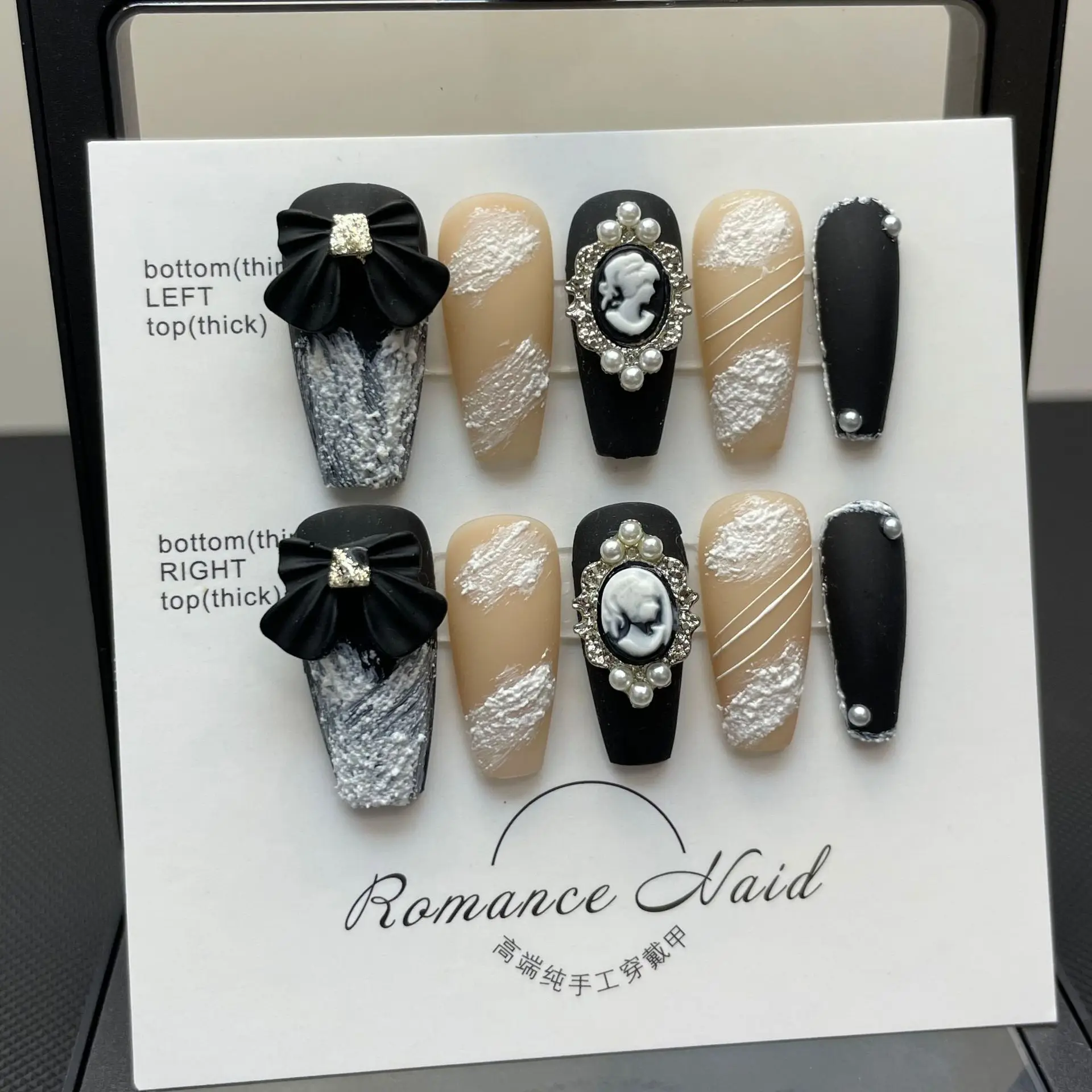 

10pcs Handmade Press On Hepburn Inspired Black and Nude with Bows and Pearls French Wearable Manicure False Nail Tips