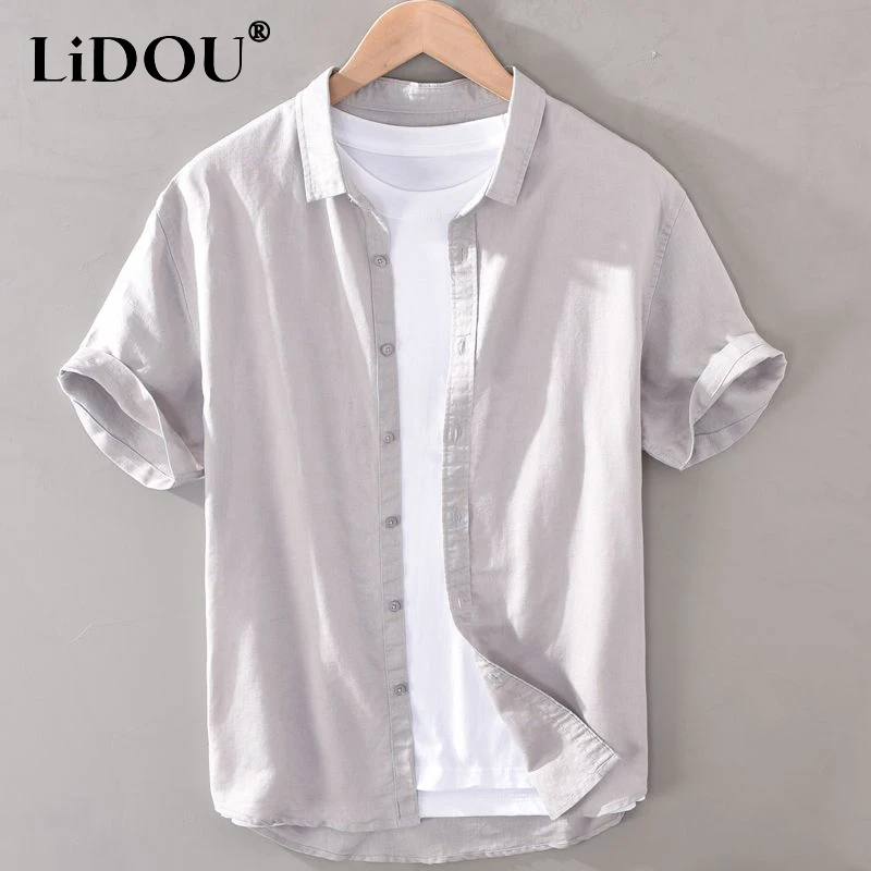 

Summer New Solid Color Turn-down Collar Short Sleeve Single Breasted Shirt Man Vintage Thin Style All-match Cotton Hemp Cardigan